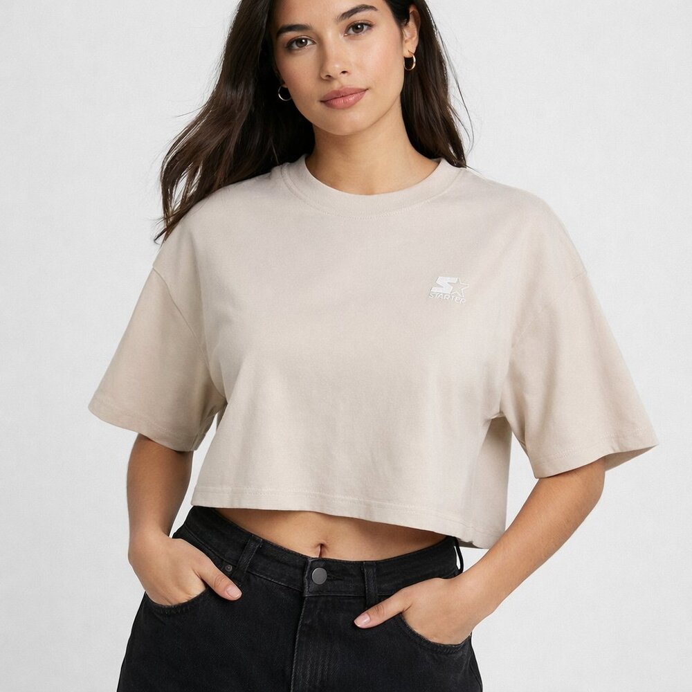 *NWT* Starter Cropped Tee – Sand Beige Boxy Fit |‎ Logo Chest | Size Large